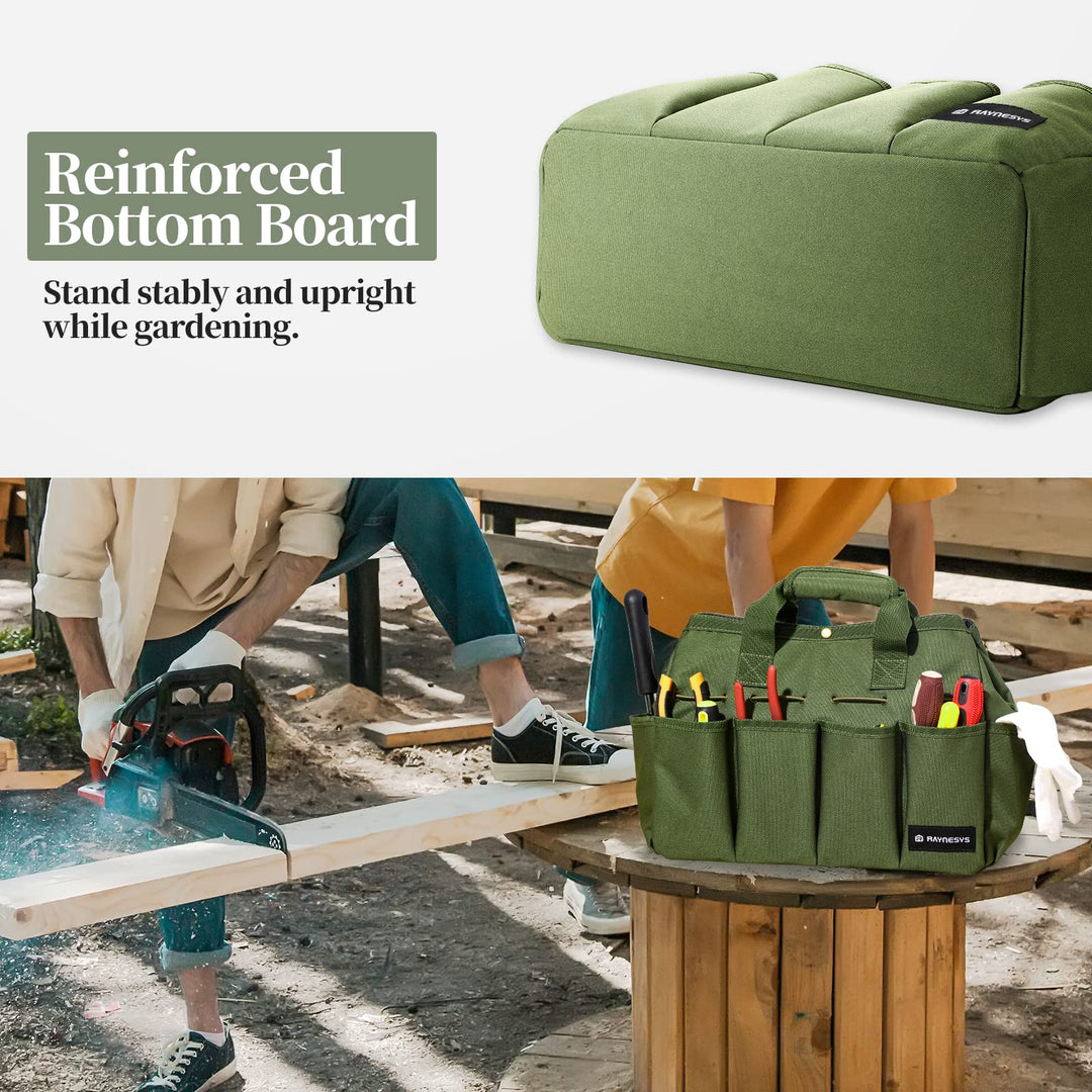 Garden Tote Bag, Gardening Tool Bag Organizer with Pockets &amp; Handle, 900D Heavy Duty Garden Storage Bag with Long Adjustable Shoulder Strap for Tools, Green