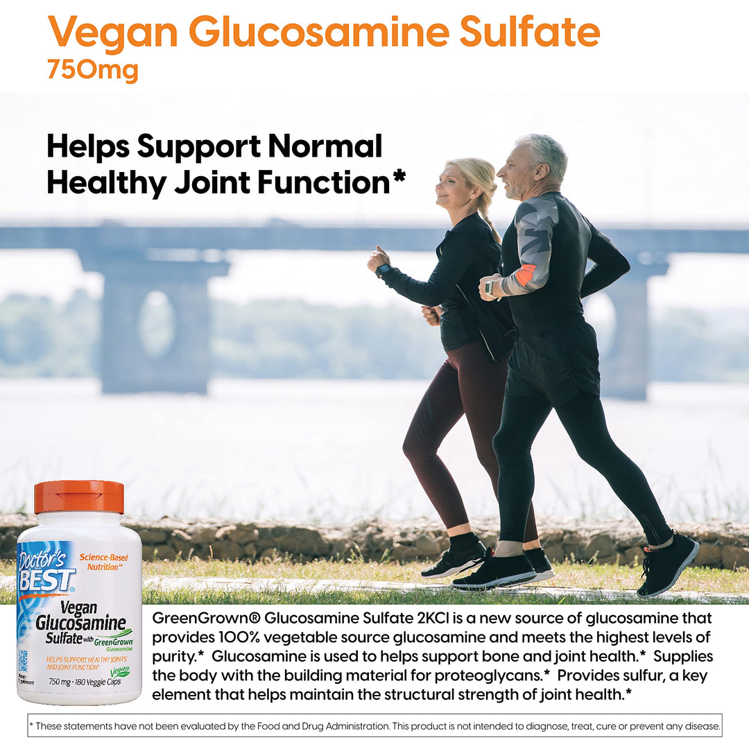 Doctor&#39;s Best Vegan Glucosamine Sulfate, Joint Support, Non-GMO, Vegan, Gluten Free, Soy Free, 750 mg 180 Veggie Caps (Pack of 1)