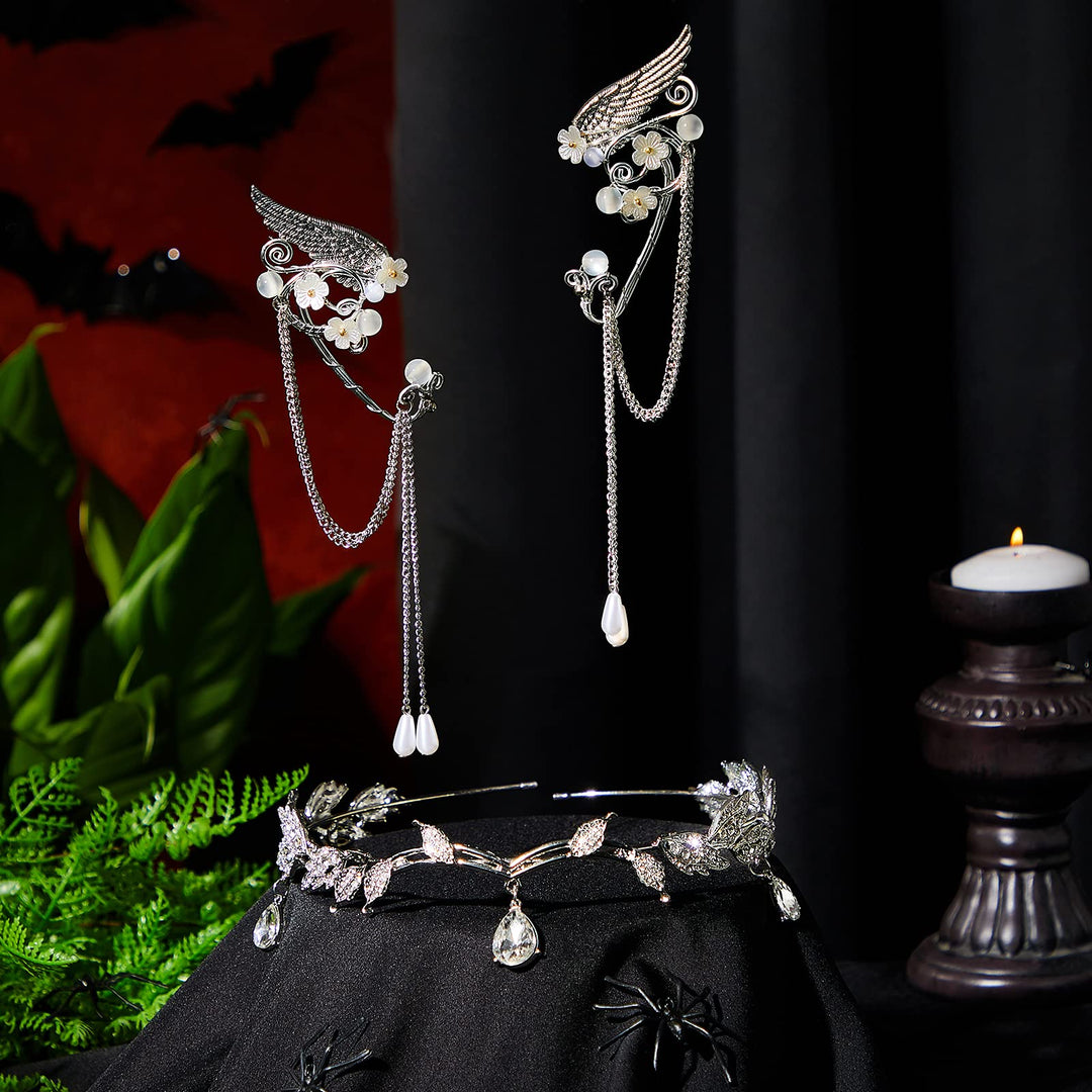 3 Pcs Halloween Rhinestone Leaf Headband Metal Elf Ears Fairy Costume Crown Princess Cosplay for Women(Silver)