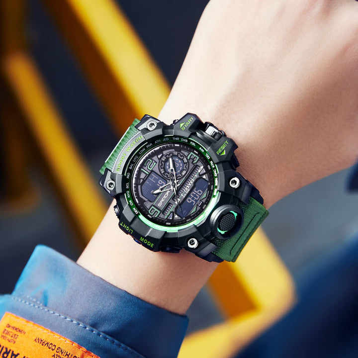 Men&#39;s Watches Sports Outdoor Waterproof Military Watch Date Multi Function Tactics LED Face Alarm Stopwatch for Men (3133_Green)