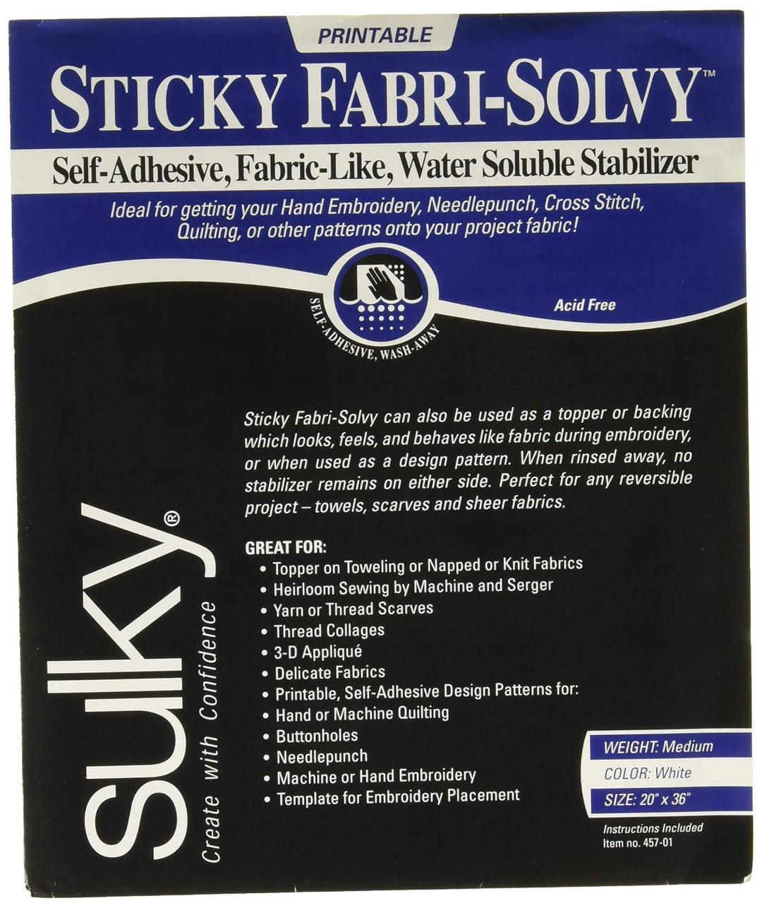 Sulky Fabri-Solvy stabilizer, 20 x 36, White