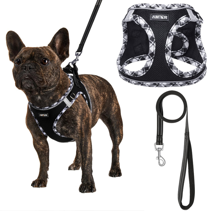 Small Dog Harness with Leash Set, No Escape Easy Walk Puppy Harnesses for Training Walking, Step-in Reflective Soft Dogs Vest for XS S Medium Extra-Small Large Sized Dog(Blackwhite,S)
