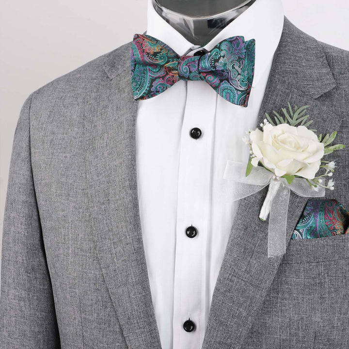 Men&#39;s Retro Paisley Self-Tie Bow Tie and Handkerchief Set (Peacock Blue)