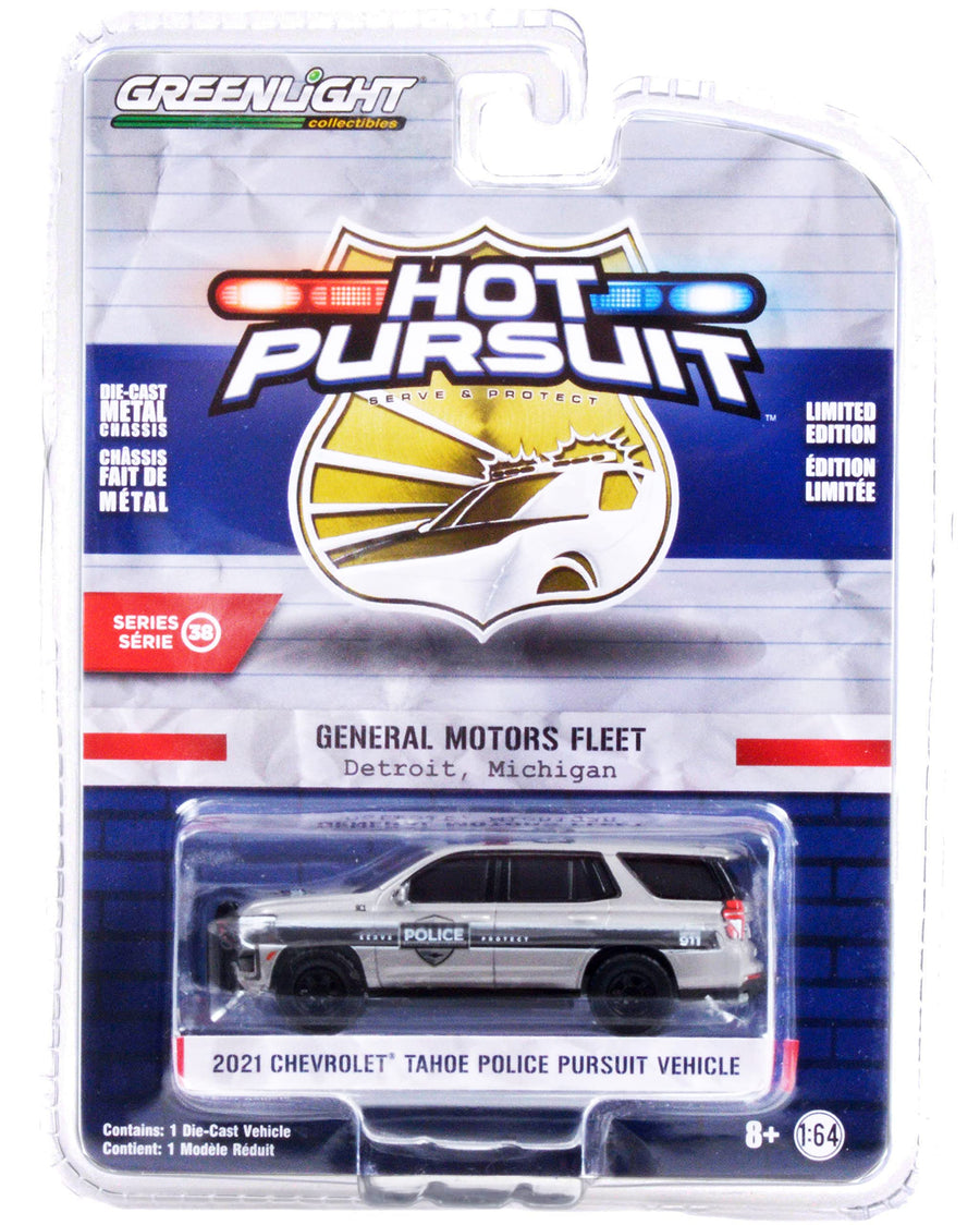 Collectible 2021 Chevy Tahoe Police Pursuit Vehicle (PPV) Satin Steel Met. General Motors Fleet Detroit (Michigan) Hot Pursuit 1/64 Car 42960 F