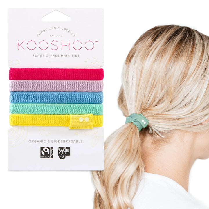 BIODEGRADABLE HAIR TIES in Rainbow | Plastic-Free, Certified Organic Cotton Hair Elastics (5 Pack)