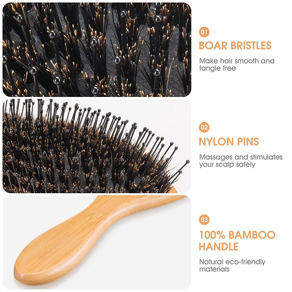 Hair Brush Boar Bristle Hairbrush for Thick Curly Thin Long Short Wet or Dry Hair Adds Shine and Makes Hair Smooth, Wooden Comb, Travel Bag & Gift Box Included