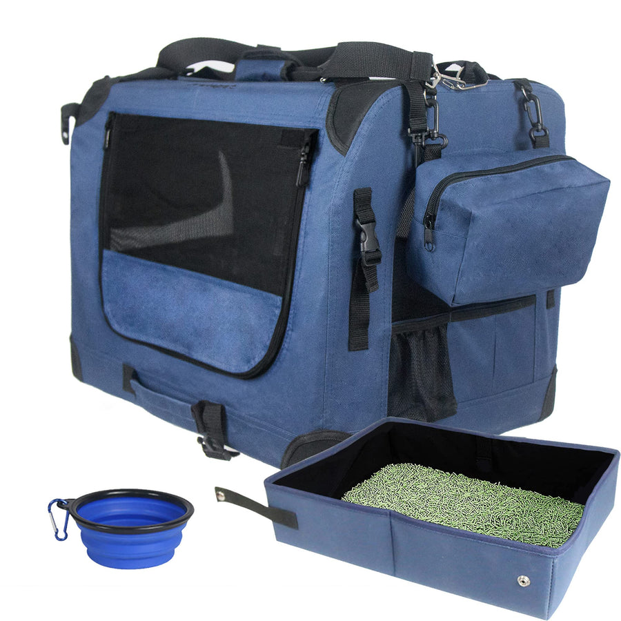 Large Cat Carrier 24x16.5x16.5 Soft-Sided Portable Pet Crate for Car Traveling with Collapsible Litter Box and Bowl