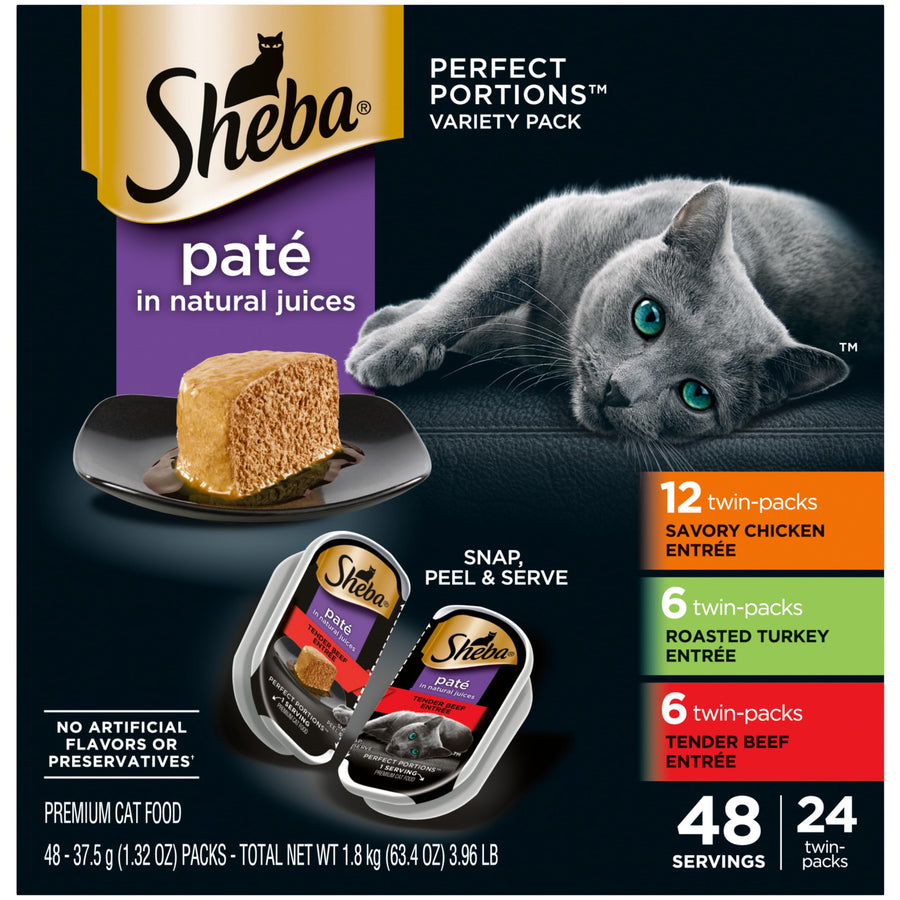 Sheba Perfect Portions Wet Cat Food Pate, Savory Chicken Entree, Roasted Turkey Entree, and Tender Beef Entree Variety Pack, 2.6 oz. Twin Pack Trays (24 Count, 48 Servings)