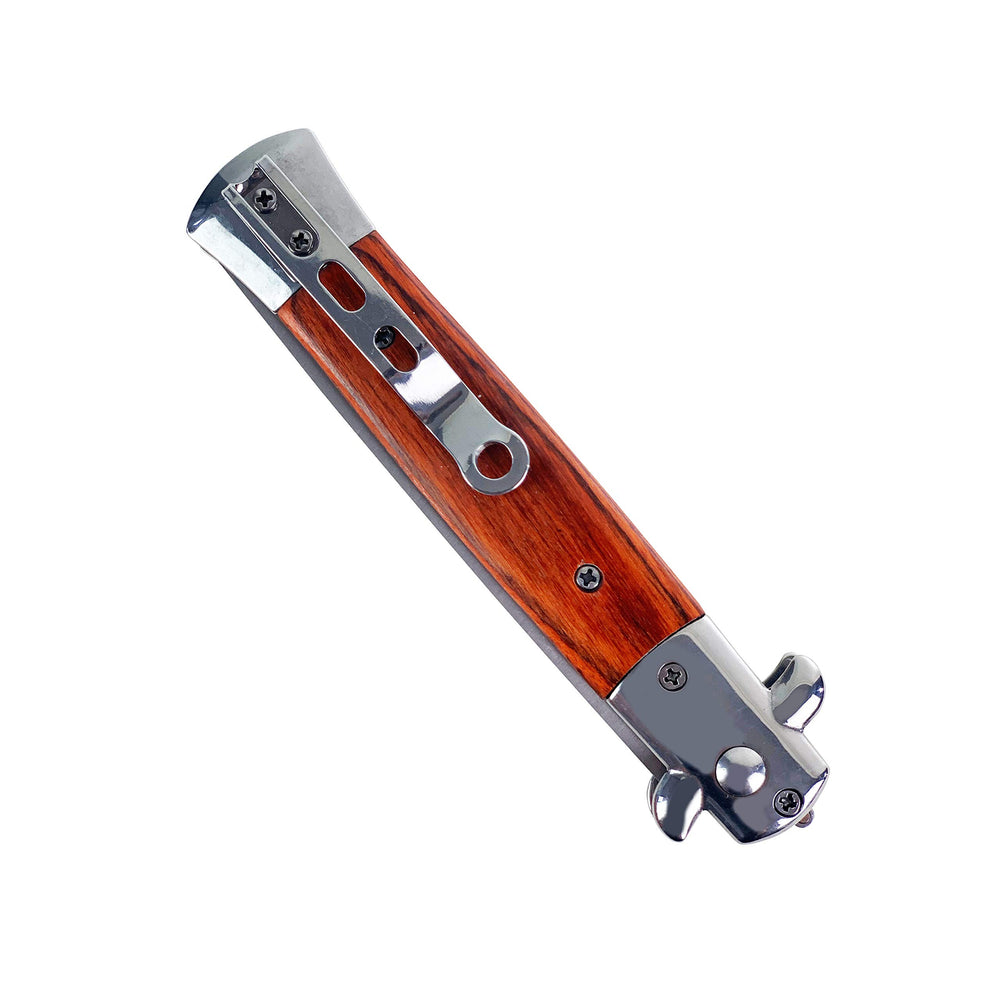 Pocket Knife Hair Brush Automatic Push Button Folding Barber (Wood Grain)