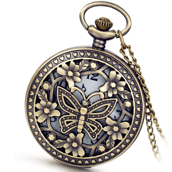 Antique Bronze Retro Hollow Rose Flowers Openwork Quartz Pocket Watch for Women