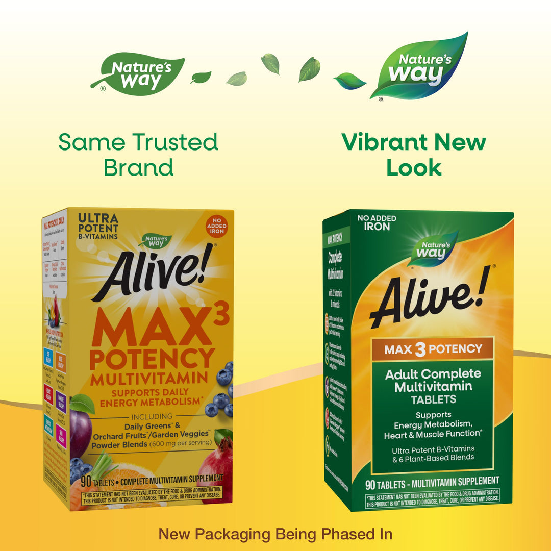 Nature&#39;s Way Alive! Max3 Potency Adult Complete Multivitamin, High Potency B-Vitamins to Support Energy Metabolism*, with Methylated B12 and Folate, No Added Iron, 90 Tablets (Packaging May Vary)