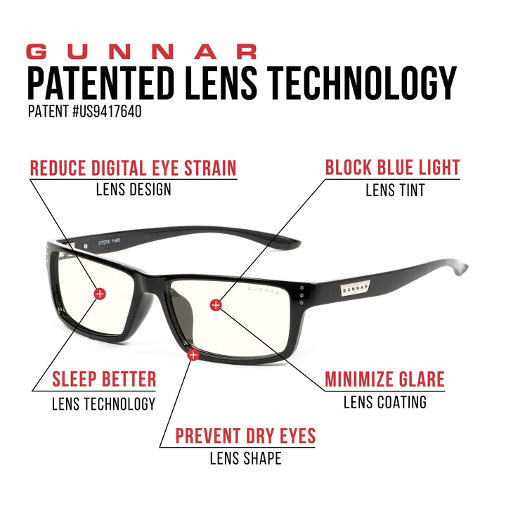 GUNNAR - Premium Gaming and Computer Glasses - Blocks 35% Blue Light - Riot, Onyx, Clear Tint, lens width: 57 mm | nose: 16 mm | frame width: 149 mm | temple: 140 mm |