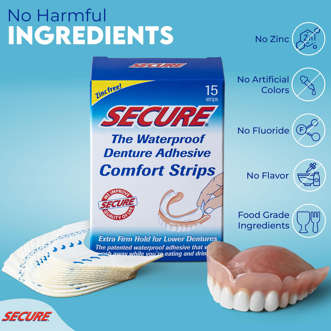 Denture Adhesive Strips – Zinc Free – Waterproof – Comfortable Cushion Fit for Uppers &amp; Lowers – Extra Firm All-Day-Hold – No Mess – Clean Ingredients – 60 Strips Total (4 Pack) 15 Strips ea
