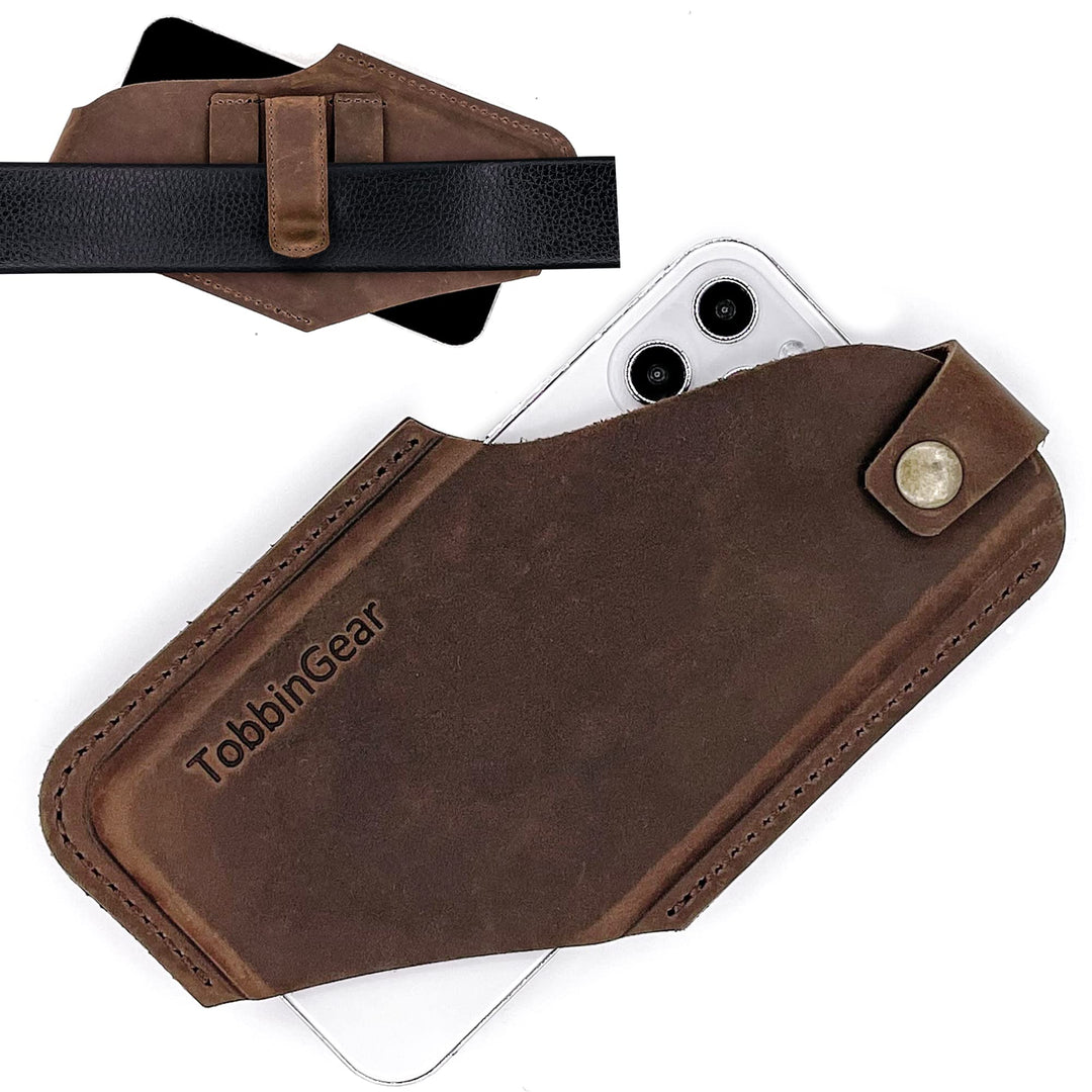Leather Cell Phone Holster with Belt Clip, Leather Belt Phone Pouch, Universal Leather Phone Case on Belt, Phone Holder for iPhone, Cell Phone Sheath Dark Brown Medium