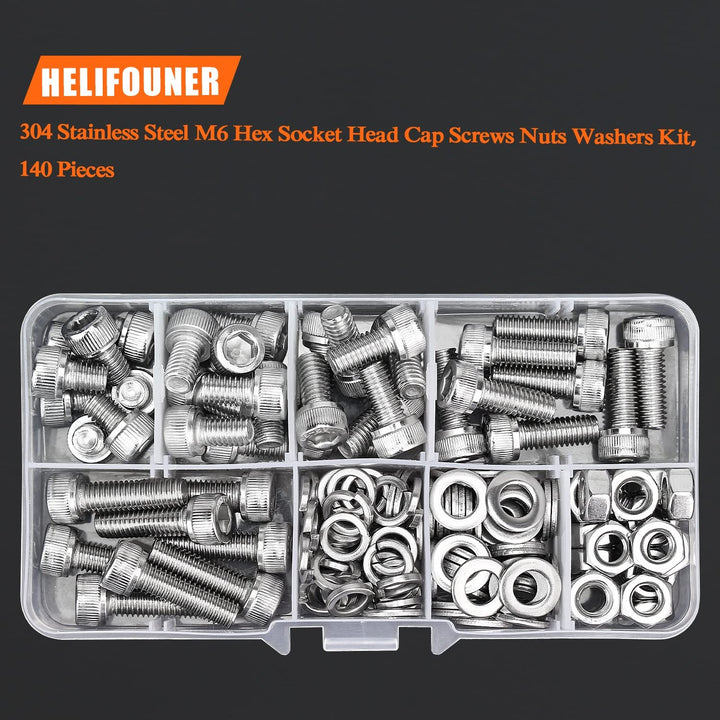 140 Pieces M6 x 8mm /10mm /12mm /16mm /20mm, Hex Socket Head Cap Metric Screws Bolts Washers Nuts Kit, 304 Stainless Steel