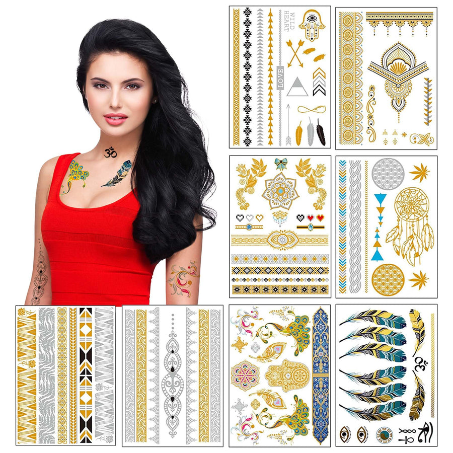 Metallic Temporary Tattoos for Girls Women Teens - 8 Sheets 100+ Gold Silver Temporary Tattoos Glitter Shimmer Tattoo Designs Jewelry Tattoos - Color Flash Fake Waterproof Tattoo Stickers (Mustique)