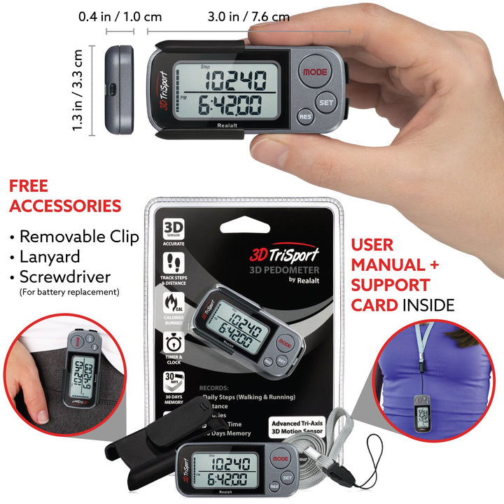 3DTriSport Walking 3D Pedometer with Clip and Strap, Free eBook | 30 Days Memory, Accurate Step Counter, Walking Distance Miles/Km, Calorie Counter (Grey, 3 L x 1.3 W x 0.4 H)