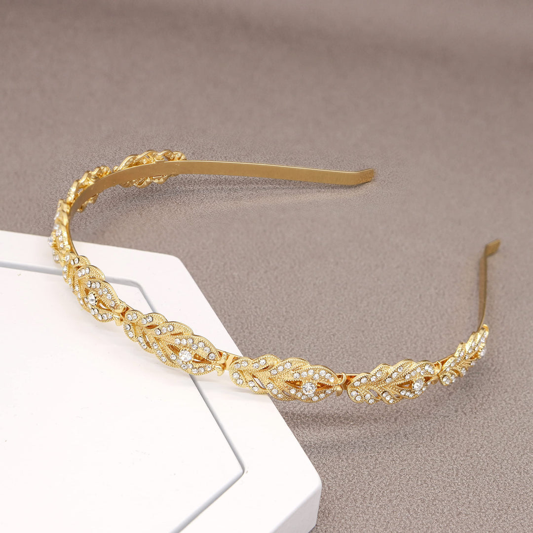 Ammei Flower Design Rhinestone Crystal Wedding Headband Bridal Headpieces Simple Design (Gold)