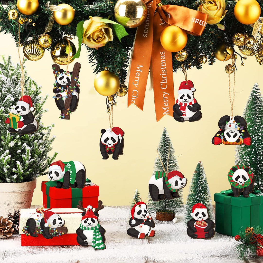 48 Pcs Panda Christmas Ornament for Christmas Tree Xmas Wood Panda Hanging Decoration Pendant Christmas Wood Cutouts with Ropes Panda Ornaments for Tree Living Room Home Window Outdoor Car