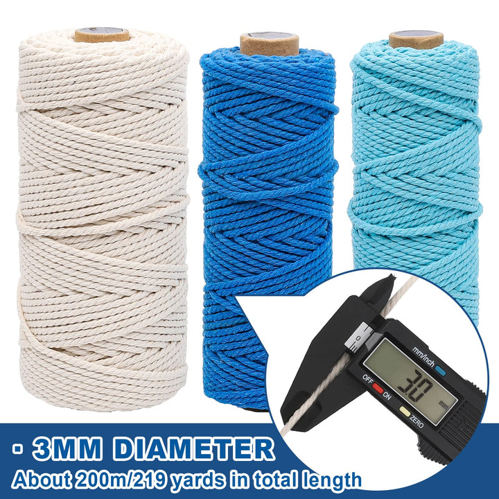Macrame Cord Kits for Beginner 219 Yard Blue White Macrame Cord 60Pcs Wood Beads 8Pcs Wood Rings 4Pcs Wood Sticks for Plant Hanger Dream Catcher Rings DIY Craft Adults Supplies