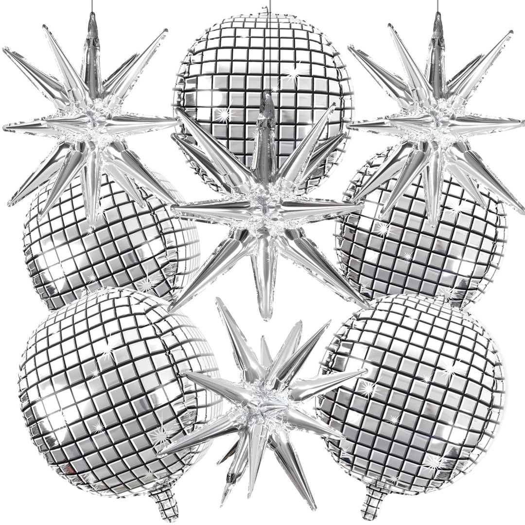 Disco Ball Balloons for 70s Disco Party Decor, 22 Inch Large 4D Metallic Silver Disco Balloons with Stars Balloons for Disco Themed Party, Birthday New Year Christmas Decor 9pcs