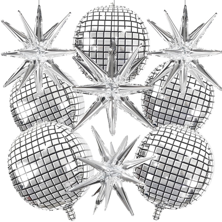 Disco Ball Balloons for 70s Disco Party Decor, 22 Inch Large 4D Metallic Silver Disco Balloons with Stars Balloons for Disco Themed Party, Birthday New Year Christmas Decor 9pcs