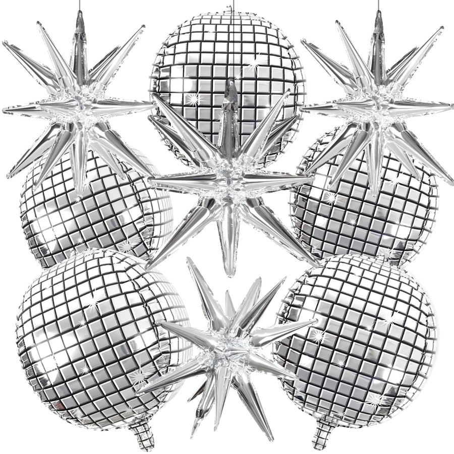 Disco Ball Balloons for 70s Disco Party Decor, 22 Inch Large 4D Metallic Silver Disco Balloons with Stars Balloons for Disco Themed Party, Birthday New Year Christmas Decor 9pcs