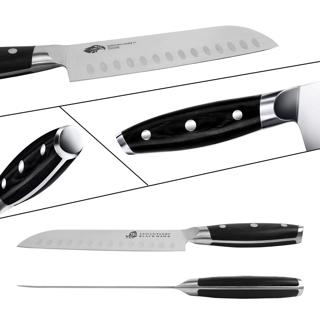 Santoku Knife-7 inch Santoku Chef Knife Kitchen Knives Ultra Sharp Asian Knife Japanese Chefs Knives - German HC Steel - Full Tang Pakkawood Handle - BLACK HAWK SERIES with Gift Box