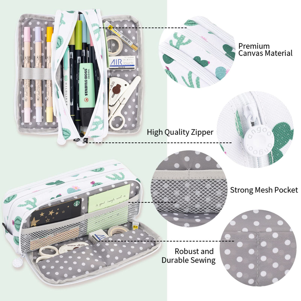 Large Pencil Case Big Capacity 3 Compartments Canvas Pencil Pouch for Teen Boys Girls School Students (Green Cactus)