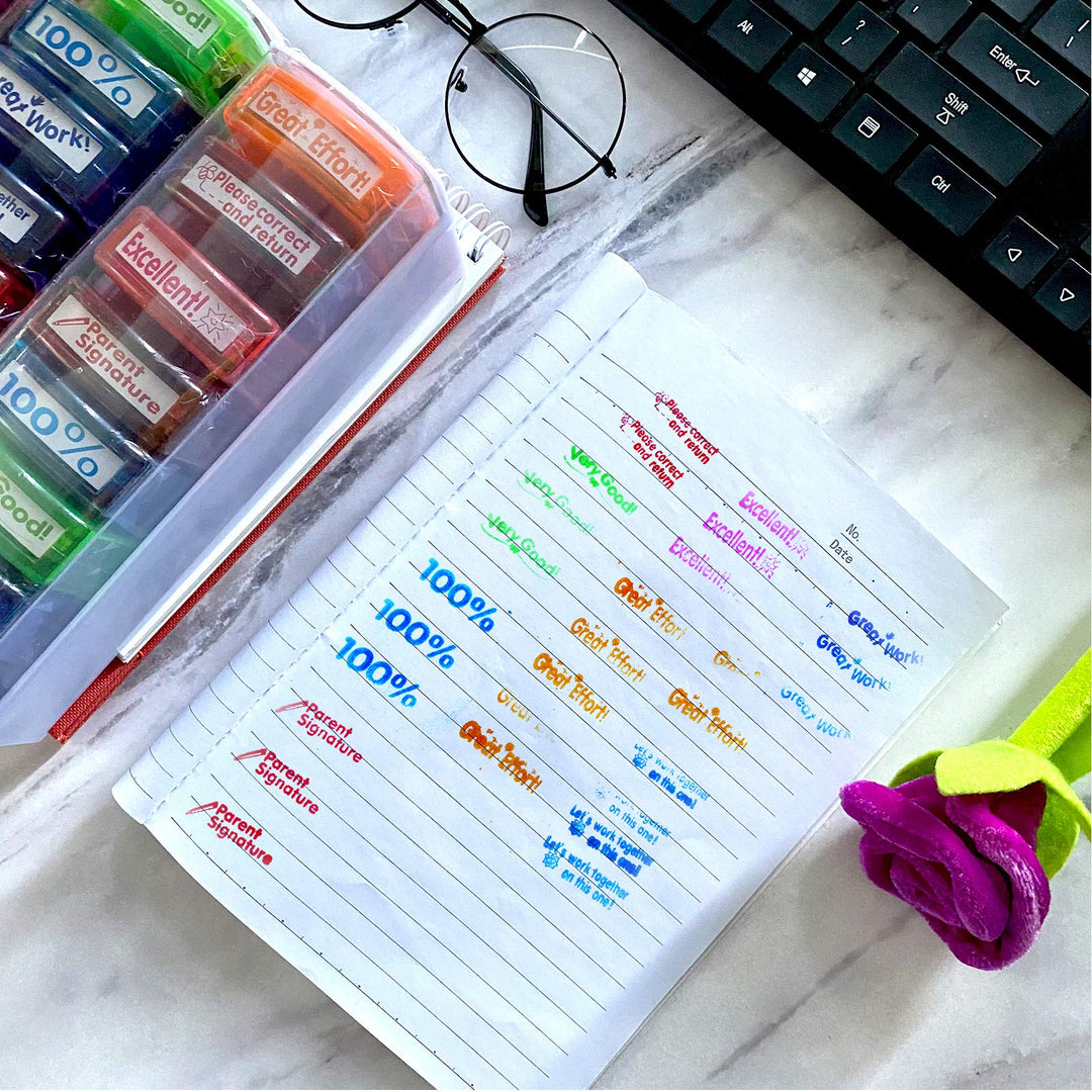 Rectangular Teacher Stamps for Grading Classroom,Parent Signature Teacher Self-Inking Set Stamps for Homework Teacher Supplies with 8 pcs