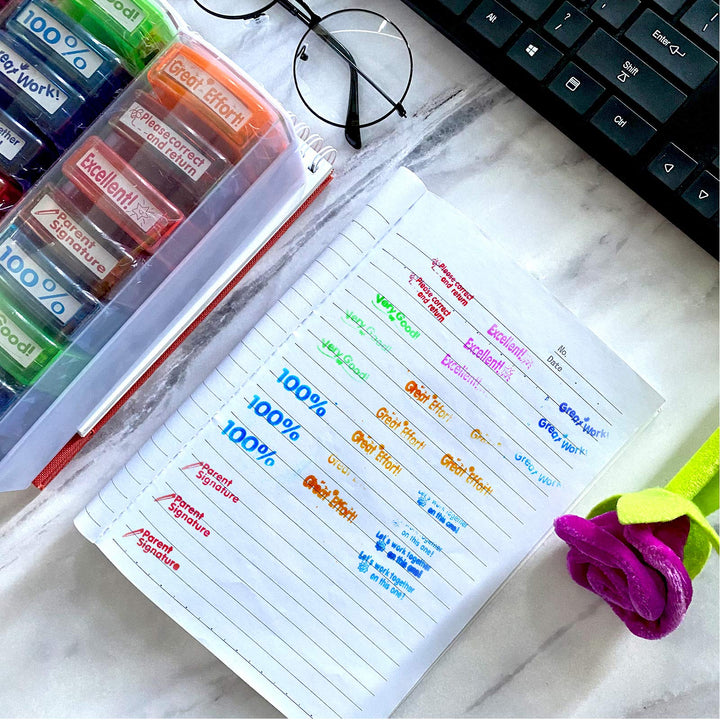 Rectangular Teacher Stamps for Grading Classroom,Parent Signature Teacher Self-Inking Set Stamps for Homework Teacher Supplies with 8 pcs