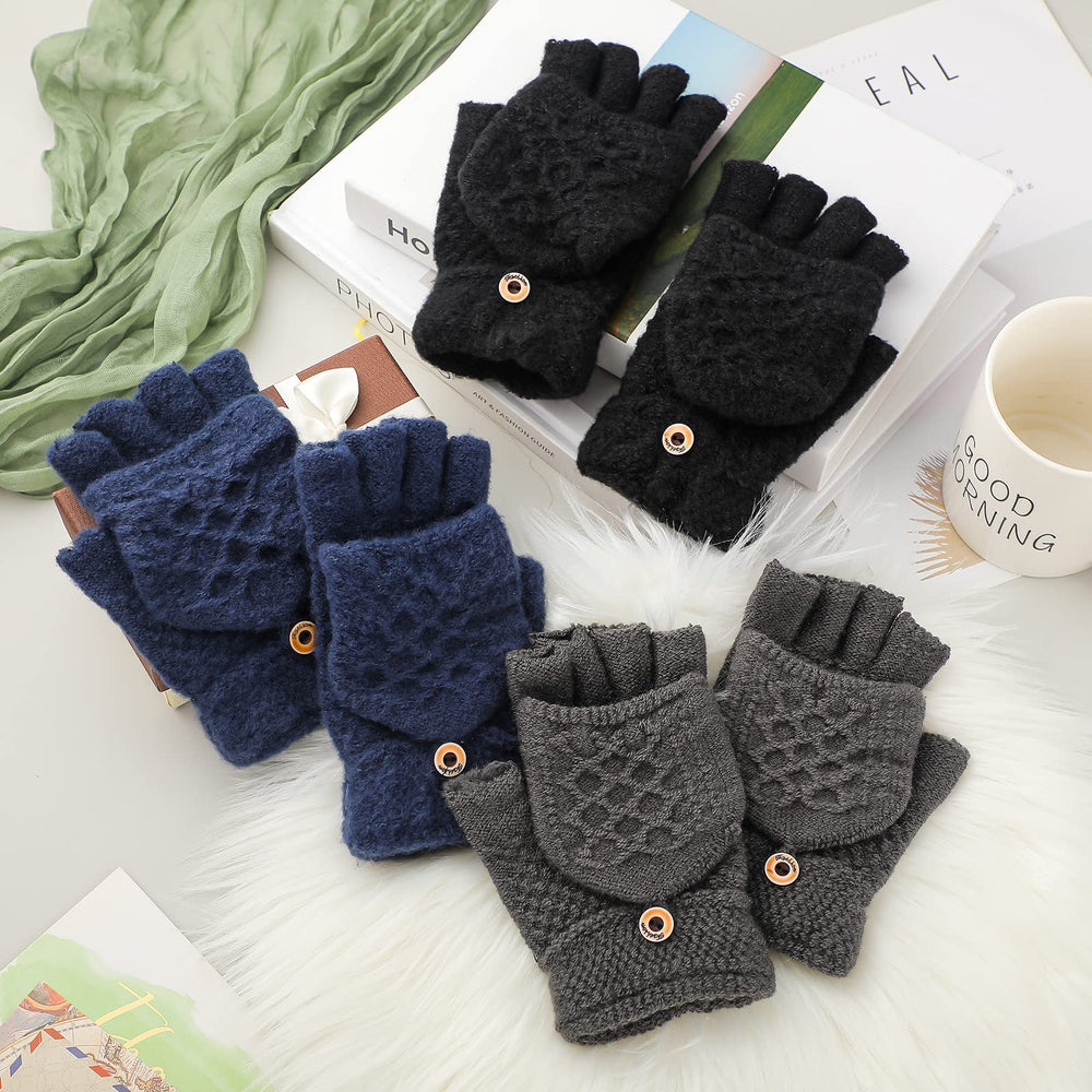 3 Pairs Knitted Convertible Fingerless Gloves Winter Flap Cover Convertible Gloves Warm Mittens for Women (Black, Dark Gray, Navy Blue)