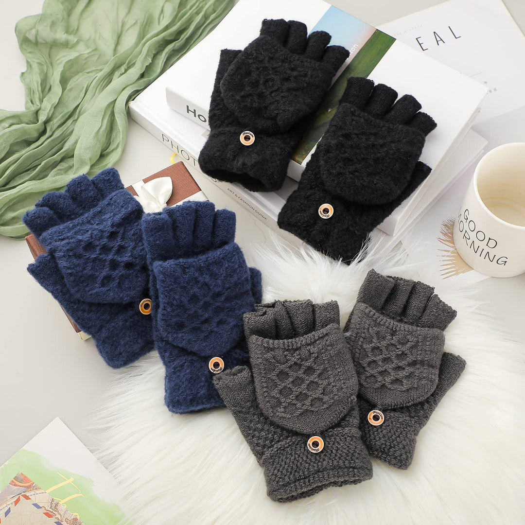 3 Pairs Knitted Convertible Fingerless Gloves Winter Flap Cover Convertible Gloves Warm Mittens for Women (Black, Dark Gray, Navy Blue)