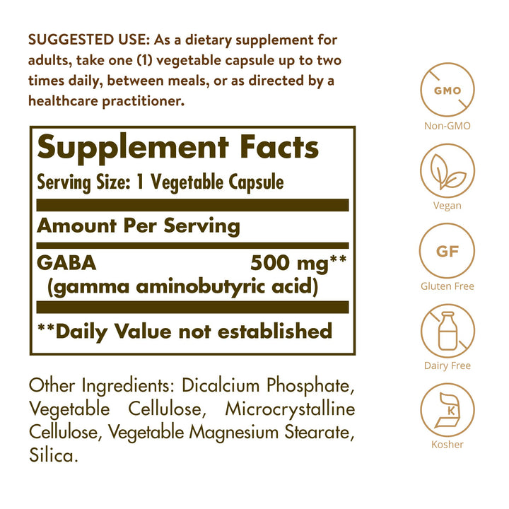 Solgar GABA 500 mg, 100 Vegetable Capsules - Relaxation