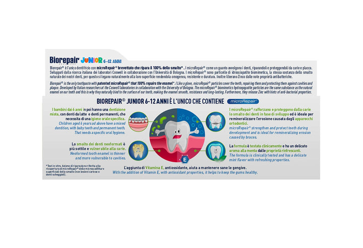 Biorepair: Oral Care Junior 7-14 Years Toothpaste, Fluoride Free, with Mint Extract - 2.53 Fluid Ounces (75ml) Tube [ Italian Import ]