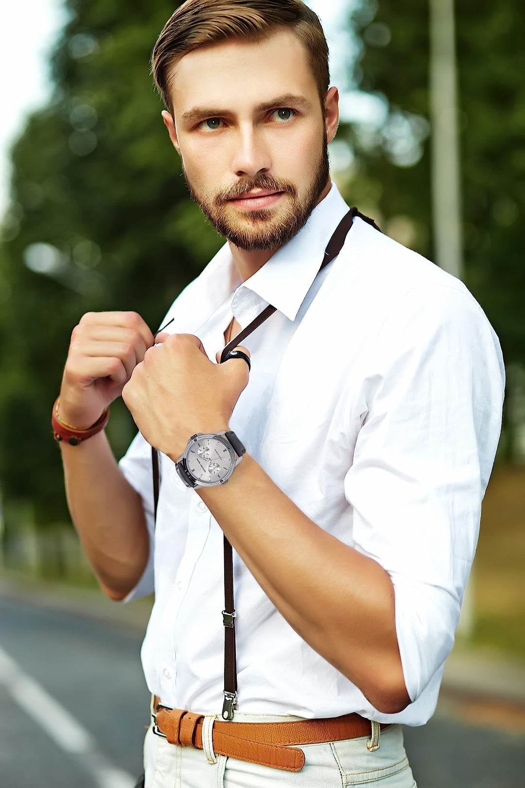 Geoffrey Beene Mens Watch Leather Band Quartz Movement 