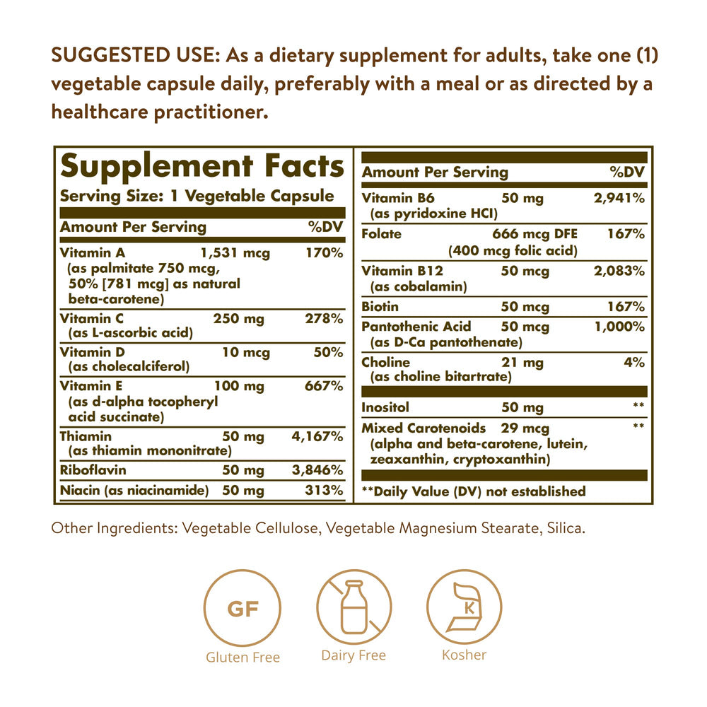 Solgar Vitamins Only, 90 Vegetable Capsules - Multivitamin - Vitamin A, B1, B2, C, D & E - Overall Well-Being - Immune Support - Gluten Free, Dairy Free, Kosher - 90 Servings