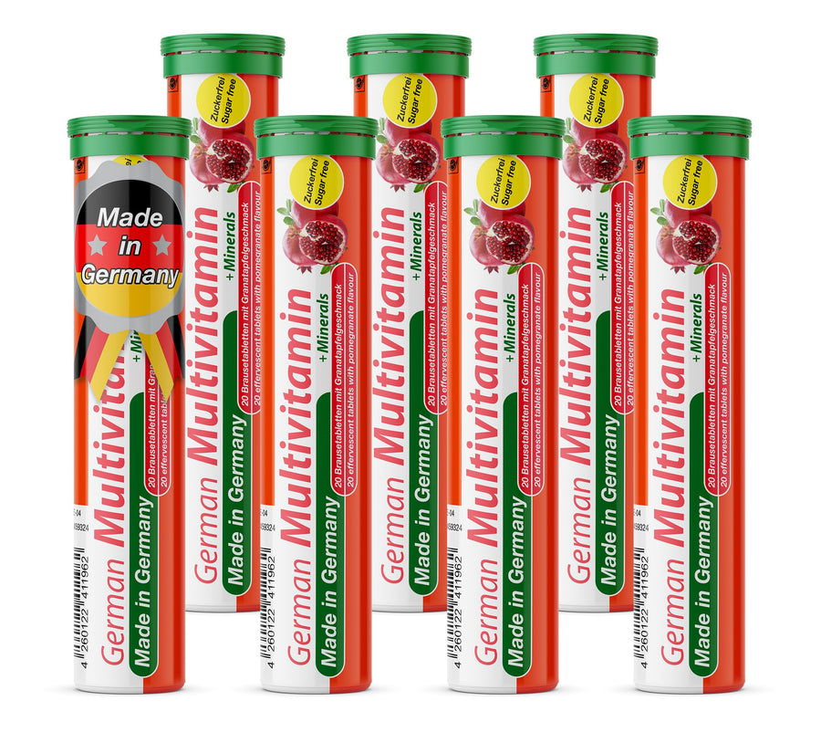 German Multivitamin + Mineralien Drink Effervescent Tablets 140 Servings Pomegranate Flavour – 10 Vitamins + 2 Minerals – Made in Germany