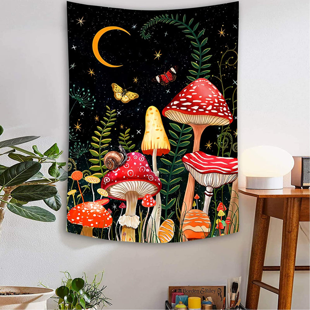 INUDIO CLZFXS Mushroom Tapestry Moon and Star Tapestry Black Boho Vertical Tapestries Colorful Butterfly Aesthetic Tapestry Wall Hanging for Bedroom (43x59(110x150cm))