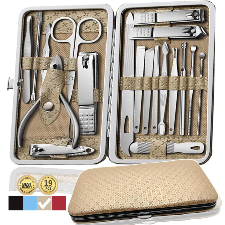 Manicure Set Nail Clippers Pedicure Kit -19 Pieces Stainless Steel Manicure Kit, Professional Grooming Kits, Nail Care Tools with Luxurious Travel Case (Gold)