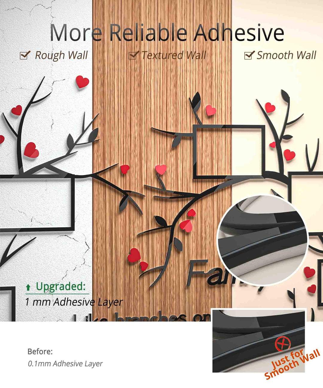 Love Family Tree Wall Decor Picture Frame Collage Removable 3D DIY Acrylic Wall Stickers for Living Room with Red Heart and Quote Family Like Branches on a Tree
