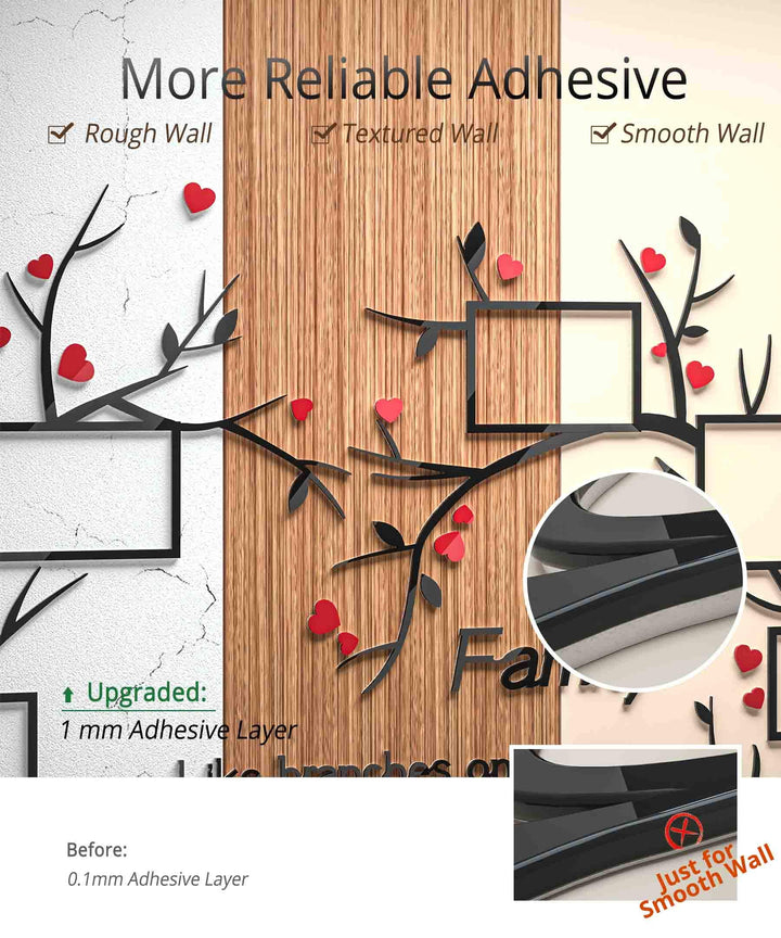 Love Family Tree Wall Decor Picture Frame Collage Removable 3D DIY Acrylic Wall Stickers for Living Room with Red Heart and Quote Family Like Branches on a Tree