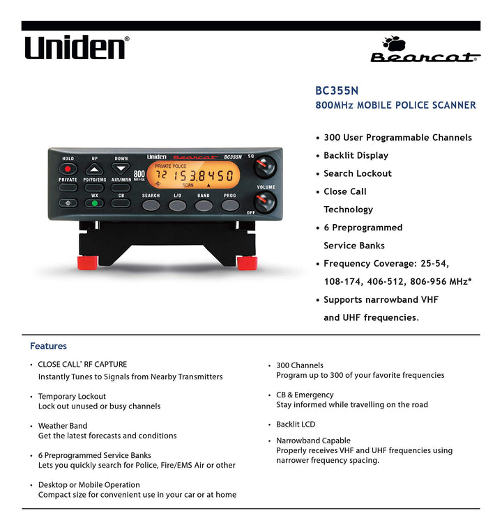 BC355N 300-Channel Base/Mobile Scanner, Close Call Capture, Pre-programmed Search “Action” Bands to Hear Non-Digital Police, Ambulance, Fire, Amateur Radio, Public Utilities, Weather &amp; more