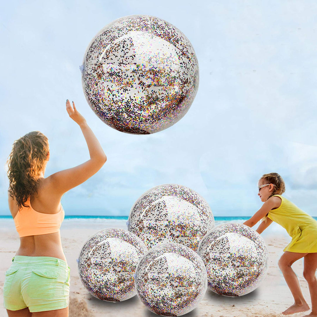 5 Pack Sequins Beach Ball Jumbo Pool Toys Balls 16 Inch 24 Inch Giant Confetti Glitters Inflatable Clear Beach Ball Swimming Pool Water Beach Toys Outdoor Summer Party Favors for Kids Adults