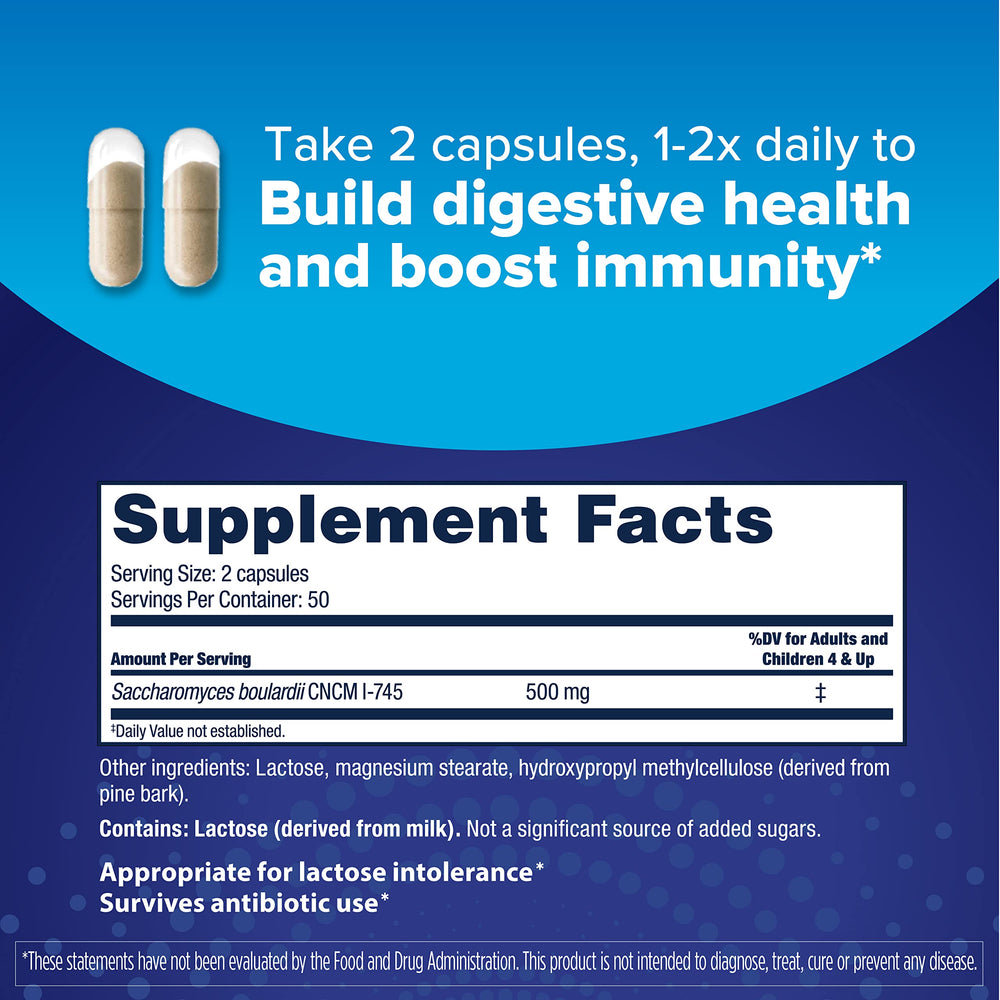Daily Probiotic Supplement for Women and Men, Proven to Support Digestive Health, Saccharomyces Boulardii CNCM I-745 (100 Capsules)