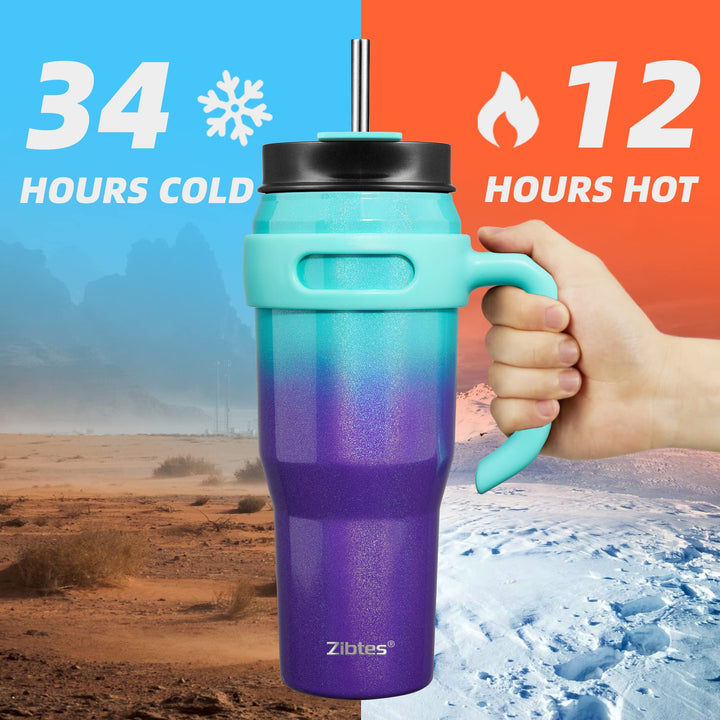 40oz Insulated Tumbler With Lid and Straws, Stainless Steel Double Vacuum Coffee Tumbler With Handle, Keeps Drinks Cold up to 34 Hours or Hot for 12 Hours(Black 1 pack)