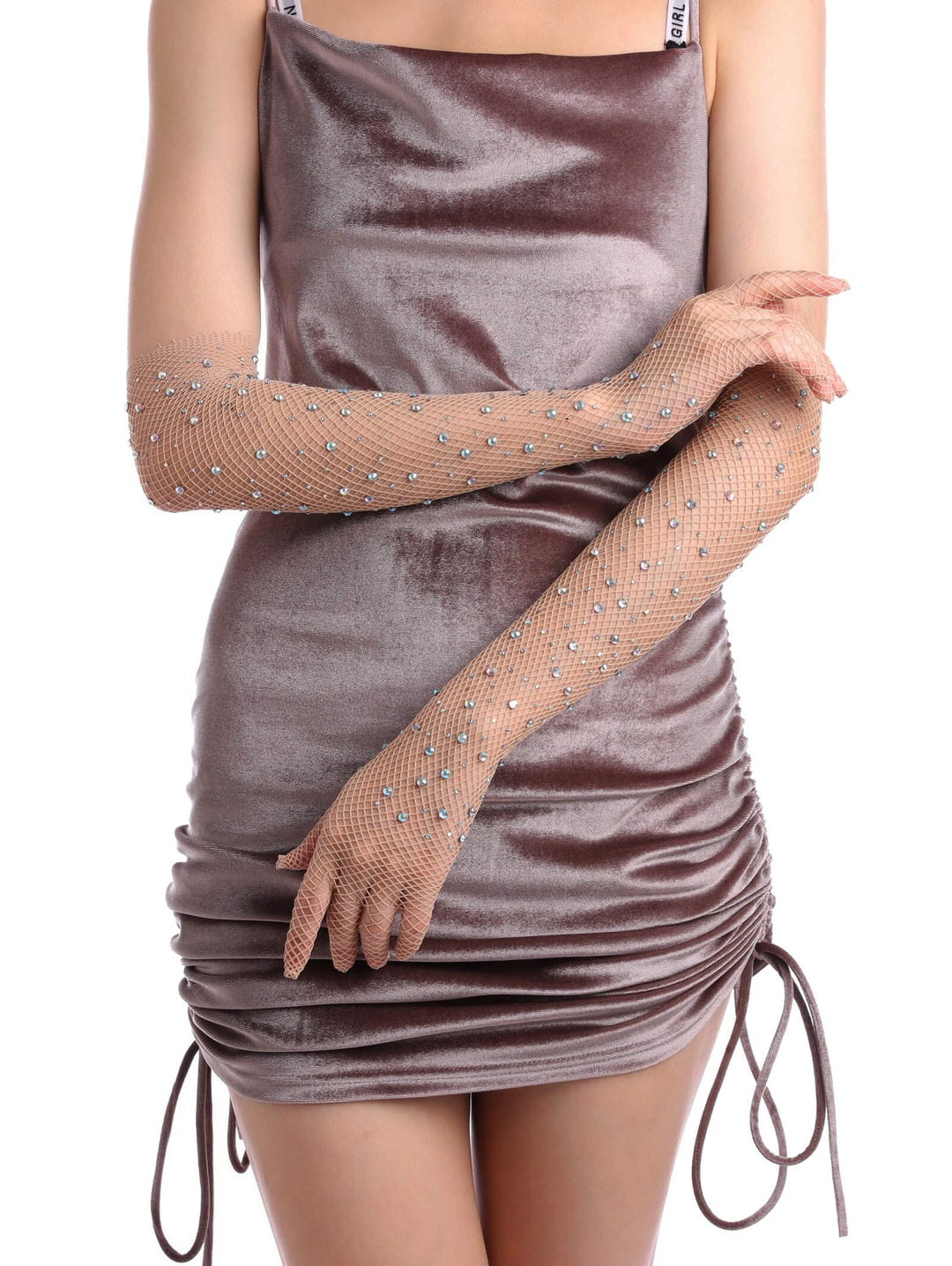Women Rhinestone Fishnet Long Gloves Mesh Sparkly Glitter Fashion Opera Gloves For Party Halloween Costumes Accessories Nude