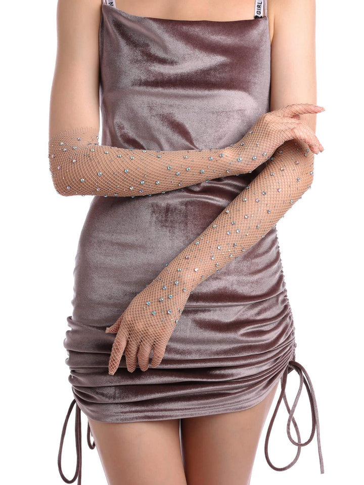 Women Rhinestone Fishnet Long Gloves Mesh Sparkly Glitter Fashion Opera Gloves For Party Halloween Costumes Accessories Nude