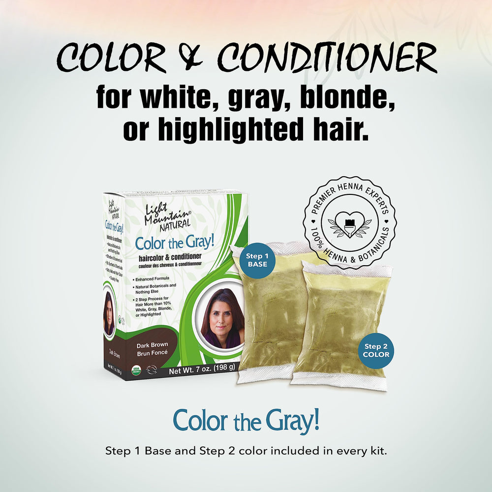 Light Mountain Henna Hair Color & Conditioner, Color the Gray - Dark Brown Hair Dye for Men/Women, 2-Step Chemical-Free, Semi-Permanent Hair Color for White, Gray, and Blonde Hair, 7 Oz