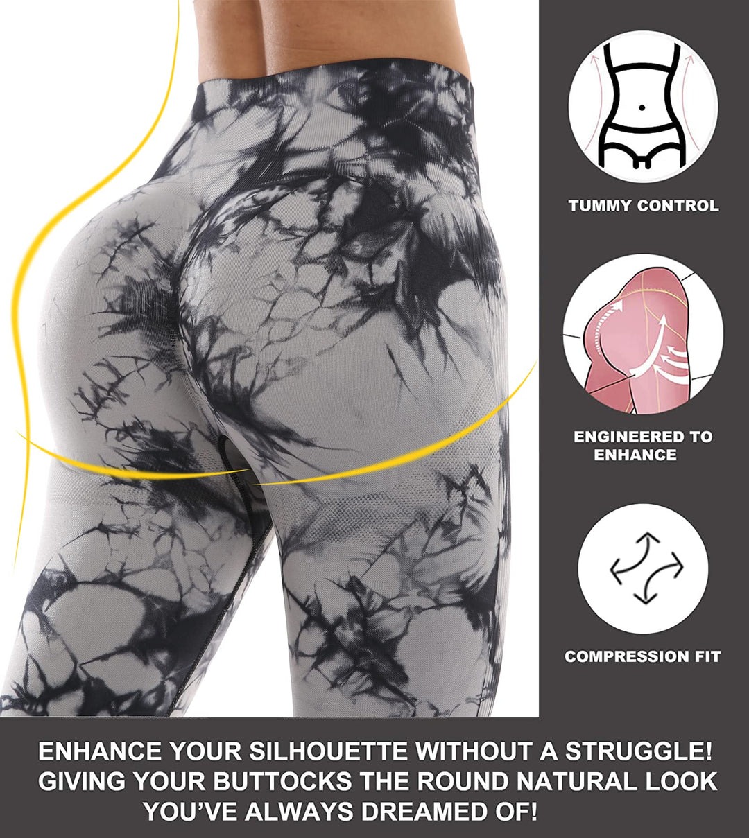 3 Piece Workout Leggings Sets for Women, Gym Scrunch Butt Butt Lifting Seamless Leggings (Tie Dye Black, L)